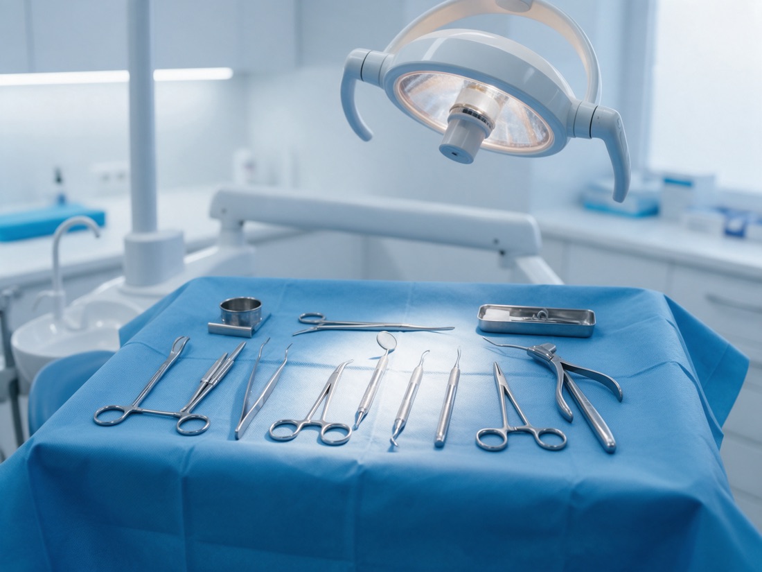 Sala cirúrgica odontológica preparada com instrumentais estéreis