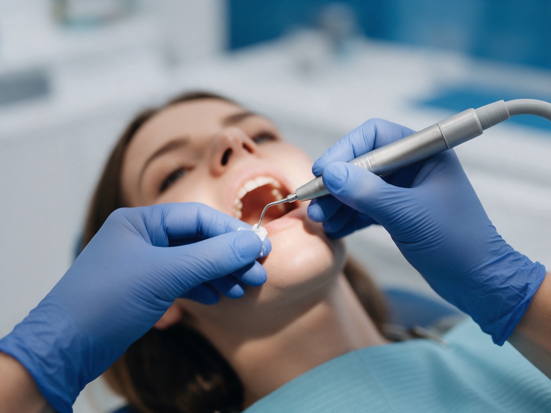 Limpeza dentária profissional sendo realizada em consultório