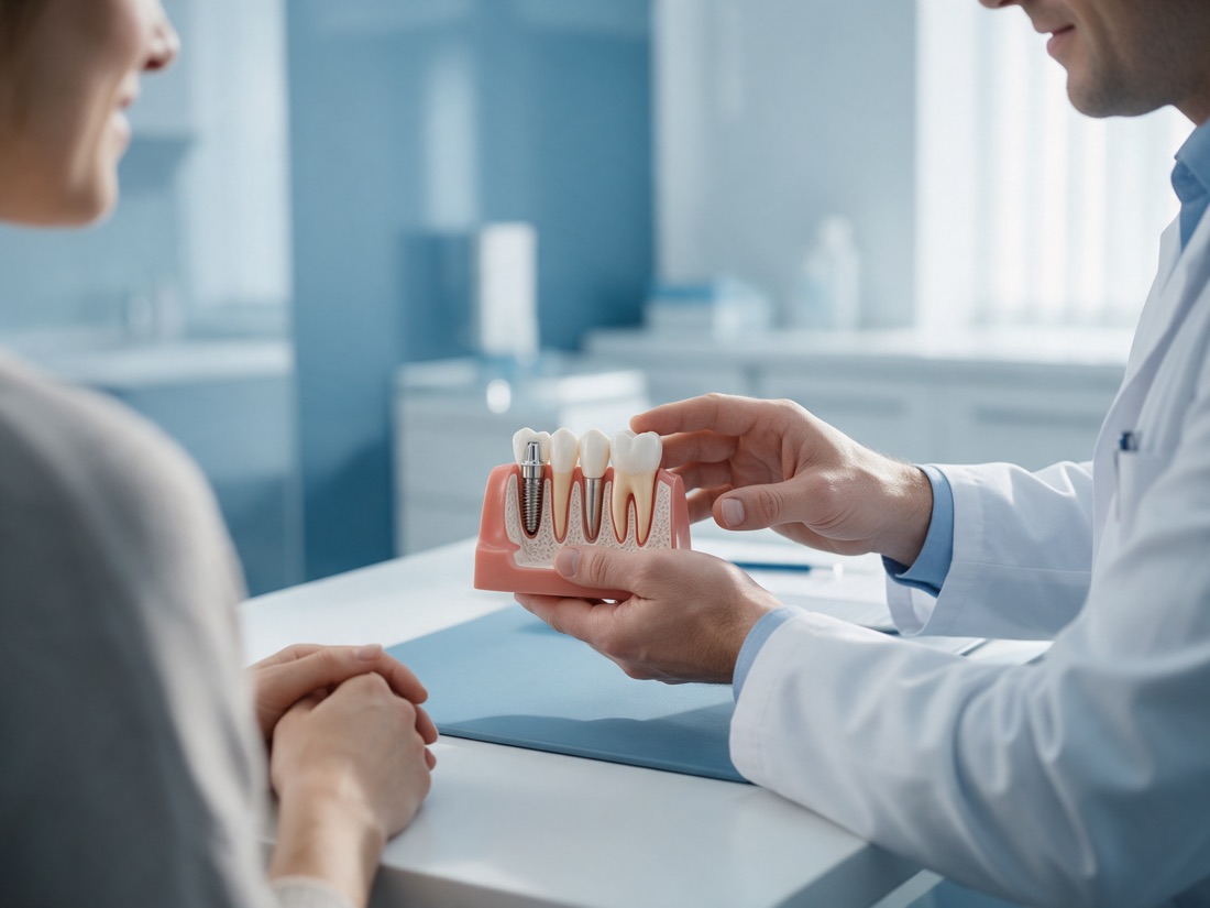 Dentista apresentando um modelo de implante dentário à paciente