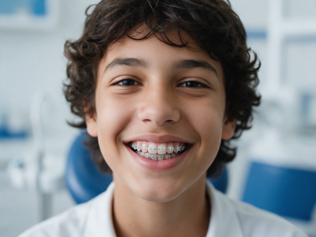 Jovem sorrindo com aparelho ortodôntico estético